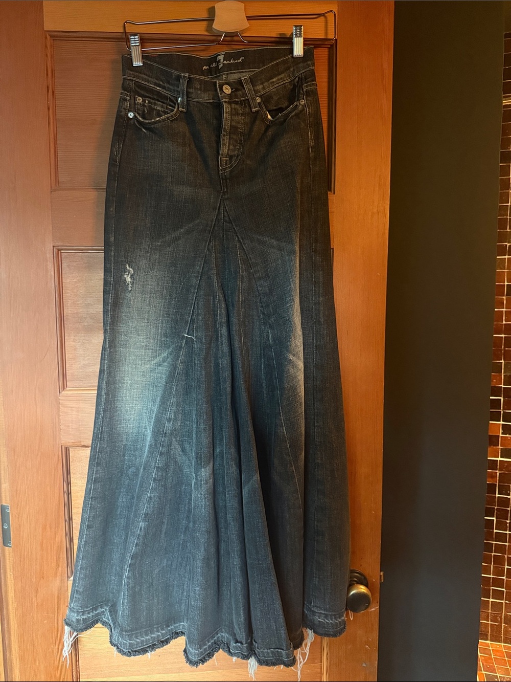 7 For All Mankind Ballroom Black Washed Denim Maxi Mermaid Skirt RARE